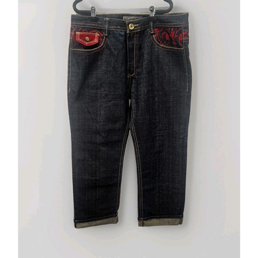 Y2K Vintage Mens Clench Jeans Velvet Pockets 36x32 Dark Wash Embroidered